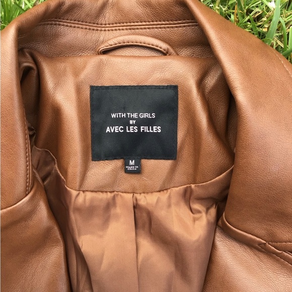 With The Girls By Avec Les Filles Brown Faux Leather Vegan Trench Coat Size M - Picture 3 of 8